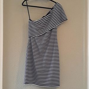 HUTCH brand one shoulder navy/ white striped dress